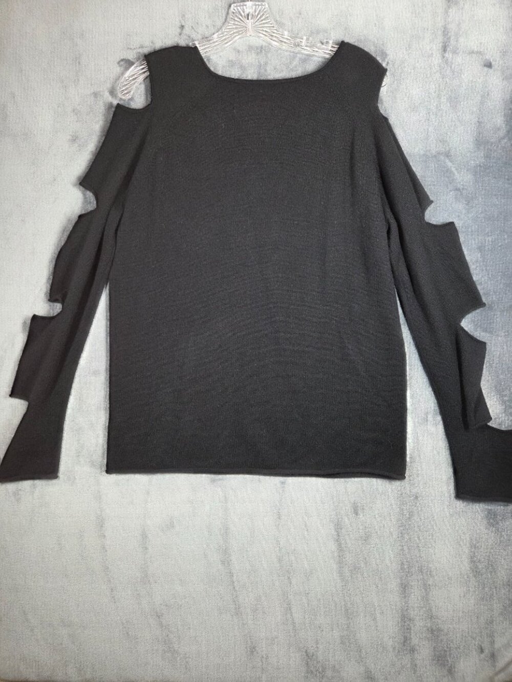 Skull Cashmere Sweater Womens Sz L Black Crew Cut Out Sleeve Cold Shoulder Goth - Picture 9 of 9